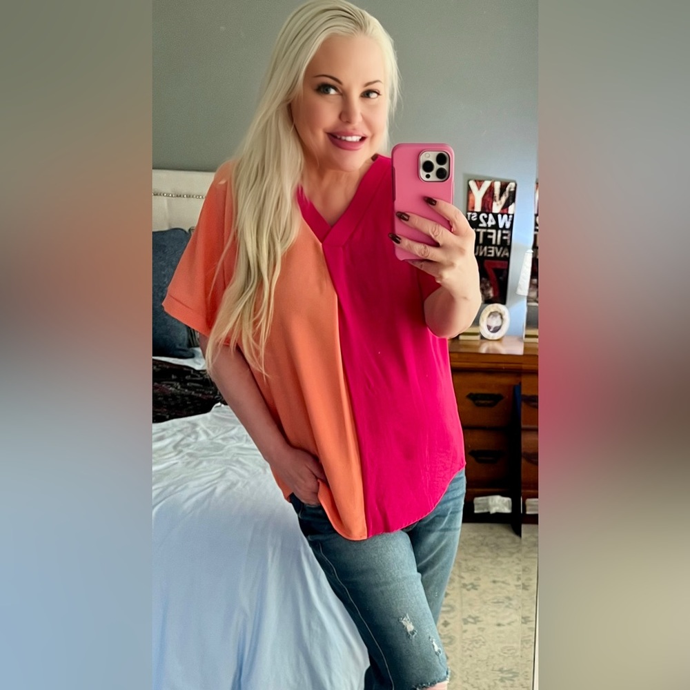 LAST 1! V Neck Color Block Pink/orange Woven Top! - Picture 3 of 7